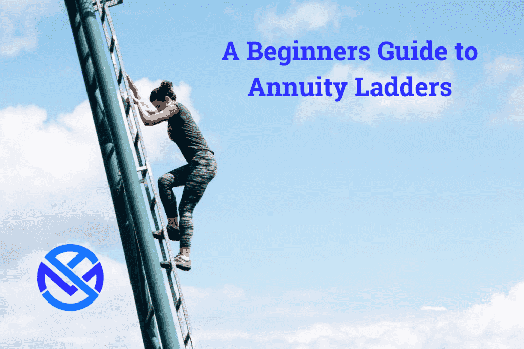 Annuity Ladders Featured Image of Woman Climbing Steel Ladder in the Sky with White Clouds in Background and My Annuity Store Logo Bottom Left Corner