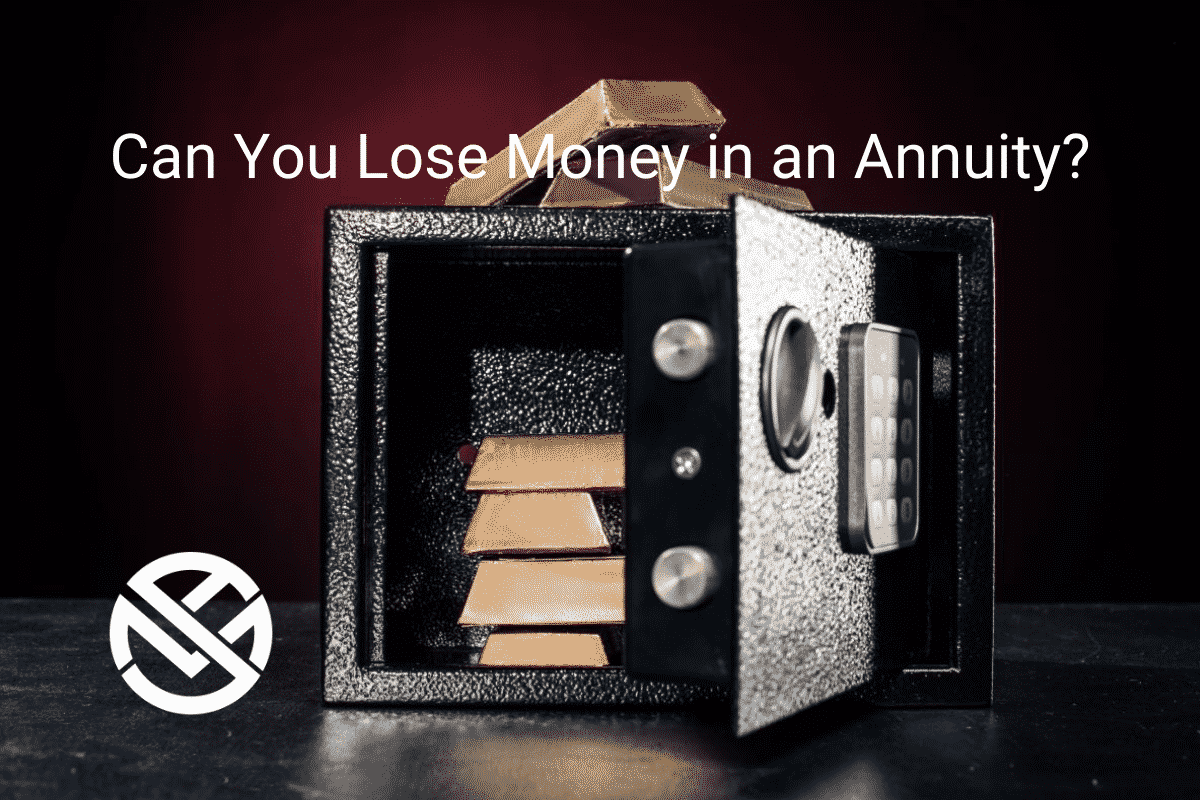 Open Safe with Gold Bars Stacked Inside and "Can you lose money in an annuity" in white text with white My Annuity Store Logo
