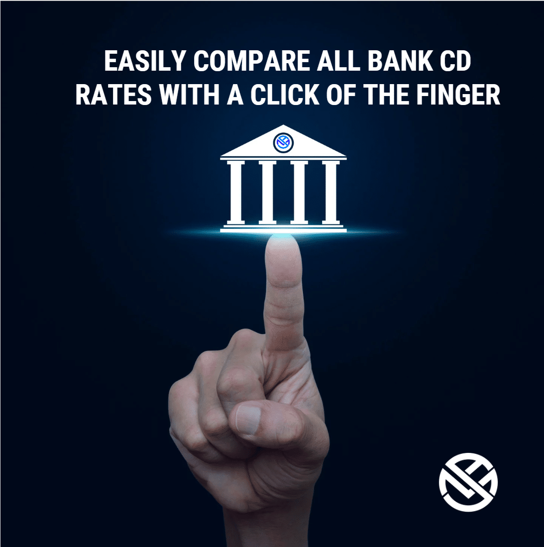White bank icon resting on top of index finger with text "easily compare all bank cd rates with a click of the finger"