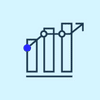 Fixed index annuity icon of a line arrow pointing upwards over a bar graph with a light blue background.